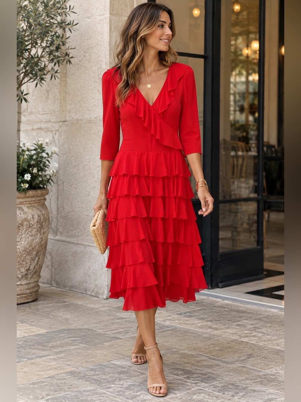 Joseph Ribkoff Red Ruffle Wrap Dress Size 6